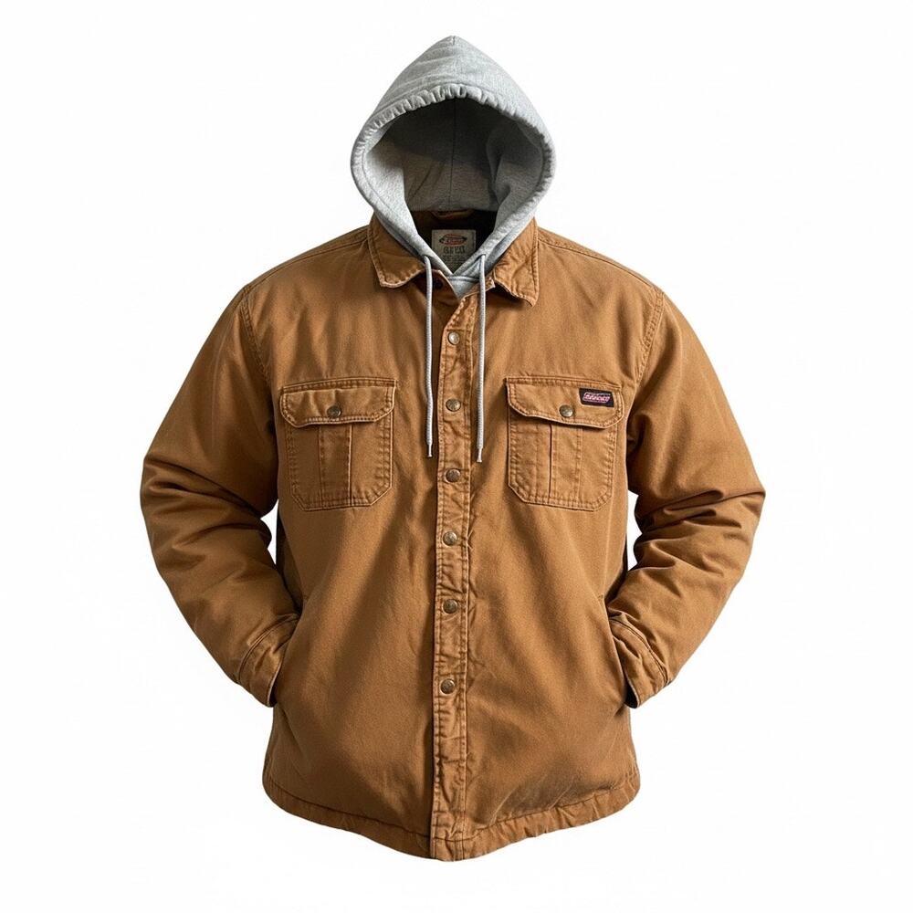 Dickies Hooded Work Jacket Tobacco Brown Gray Hood XL Quilted Lined Canvas Coat